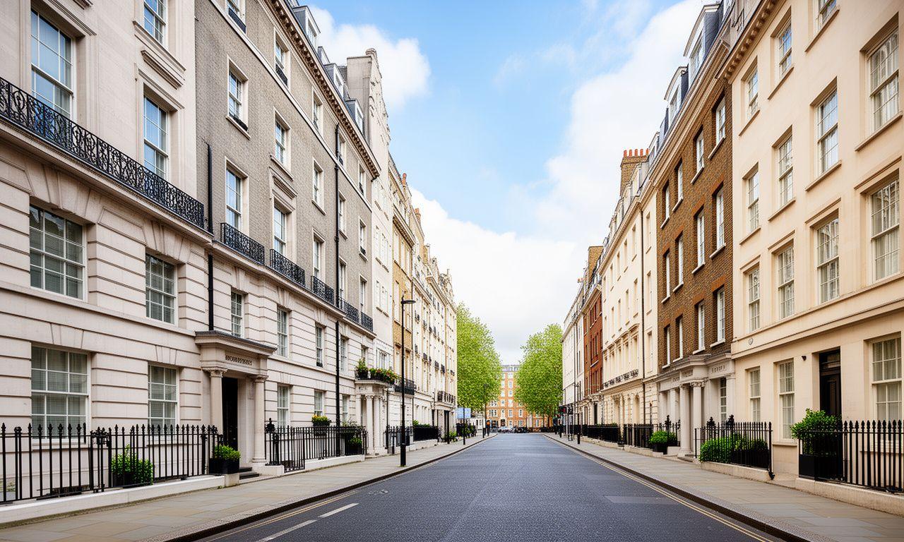 Classic street-level view of Bloomsbury buildings near a central London legal office on a bright daytime street