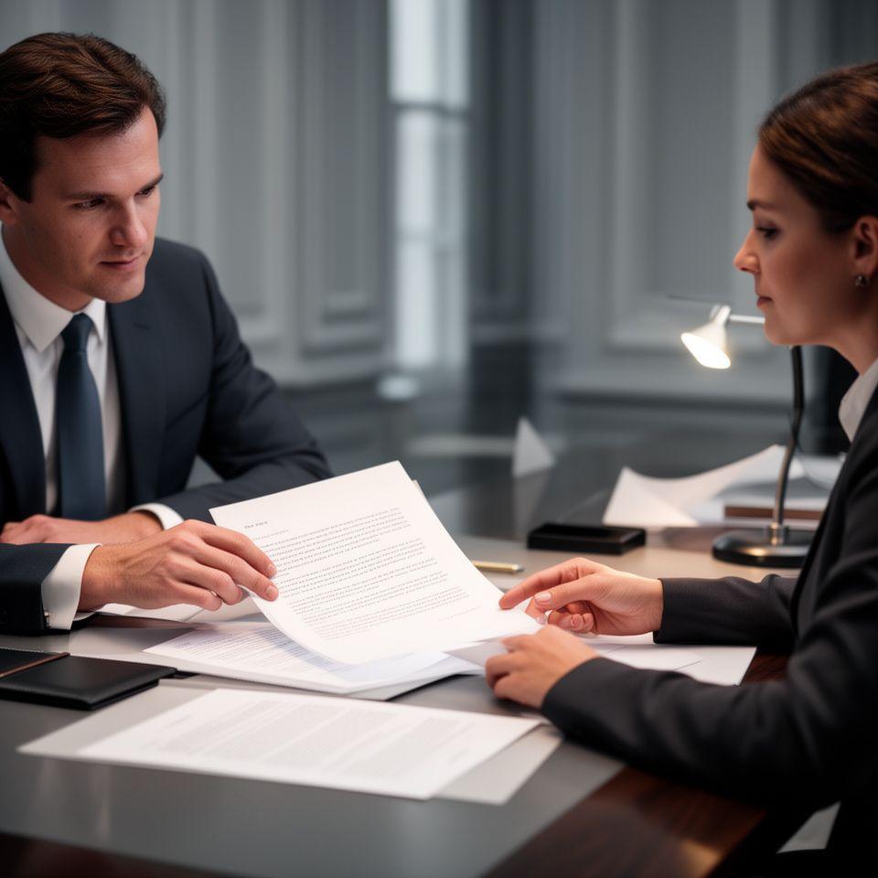 Solicitor reviewing a contract with a business client in a polished London meeting room