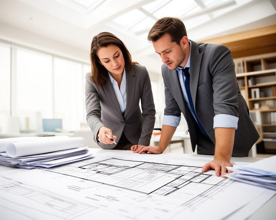 Business adviser and construction manager reviewing contract schedules beside blueprint plans in a bright office
