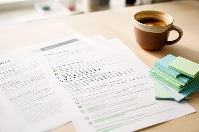 Freelancer reviewing a contract checklist on a bright desk with coffee and neatly stacked notes