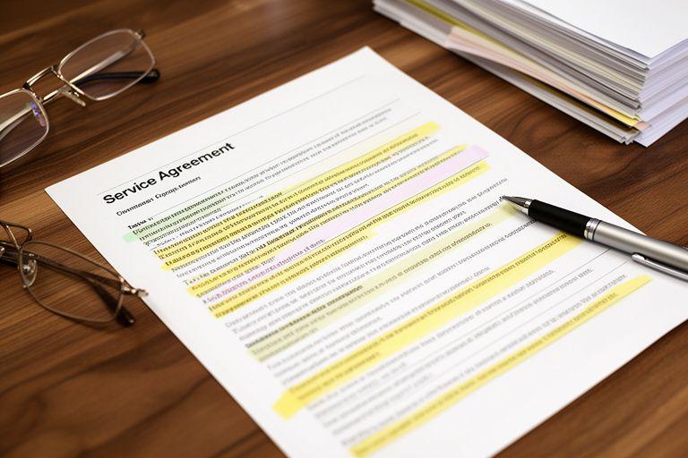 Printed service agreement with highlighted clauses on a walnut table beside reading glasses