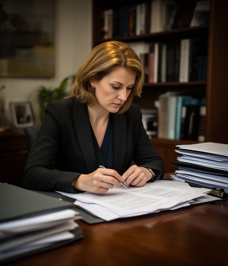 Lead Contract Solicitor reviewing a commercial agreement beside a tall bookshelf in a private London office