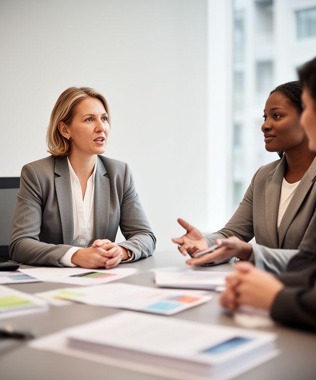 Negotiation Counsel speaking with a client over annotated terms in a calm meeting room