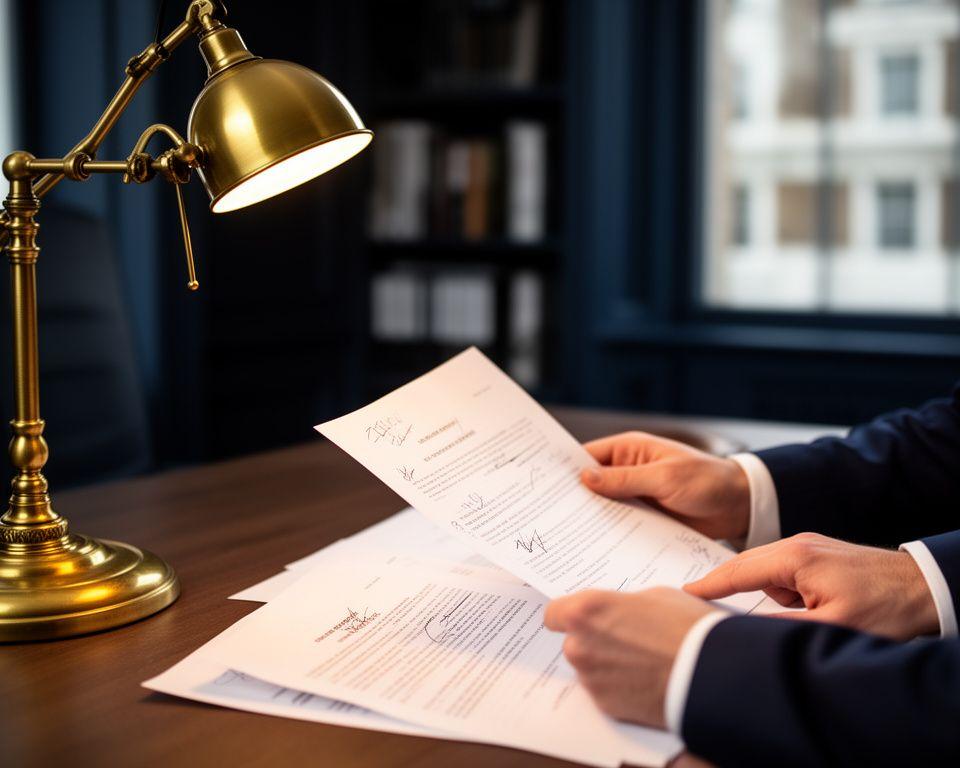 Solicitor reviewing a contract in a London office with annotated papers and a brass desk lamp