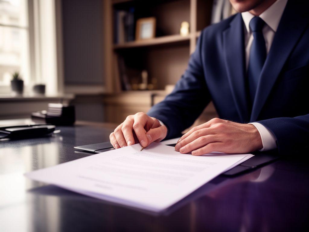 Solicitor reviewing a contract at a polished desk in a London office with natural light
