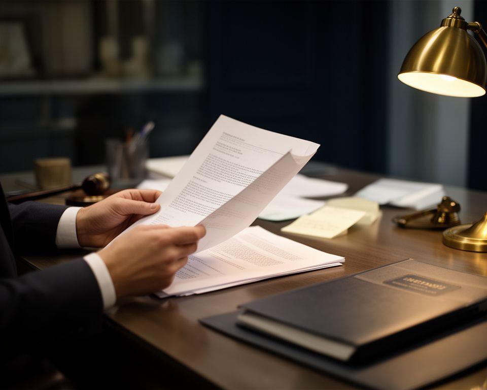Legal adviser reviewing a printed contract at a polished London desk with case notes and a brass desk lamp